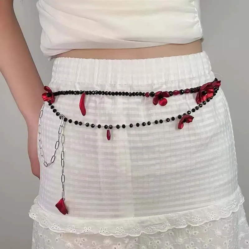 빈티지 레드 플라워 허리 체인 여성용 고스 블랙 비즈  - Women Jewelry Accessories For Black Dress 리뷰 및 가격